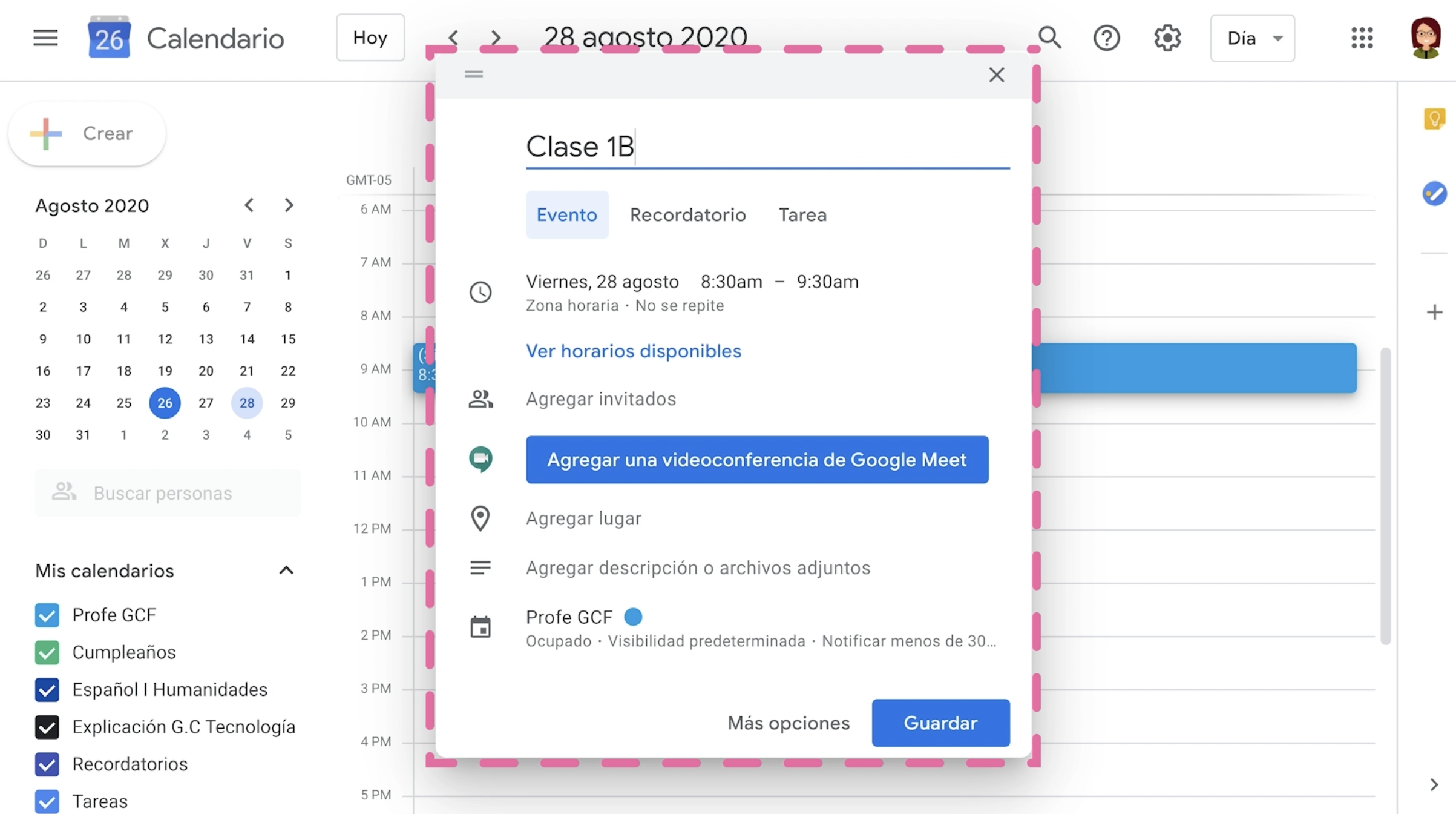 Agregar nombre a clase o evento para Google Classroom.